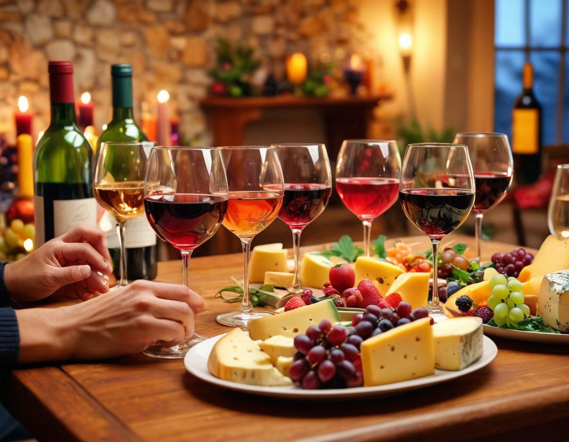 A vibrant wine tasting scene featuring elegantly arranged wine glasses, colorful wine labels, and cheerful people clinking glasses in celebration at a festive gathering. Include a backdrop of a cozy, warmly lit room adorned with festive decorations. Emphasize a joyful atmosphere with twinkling lights and an inviting table spread with cheeses and fruits. super-realistic. vibrant colors. warm lighting.