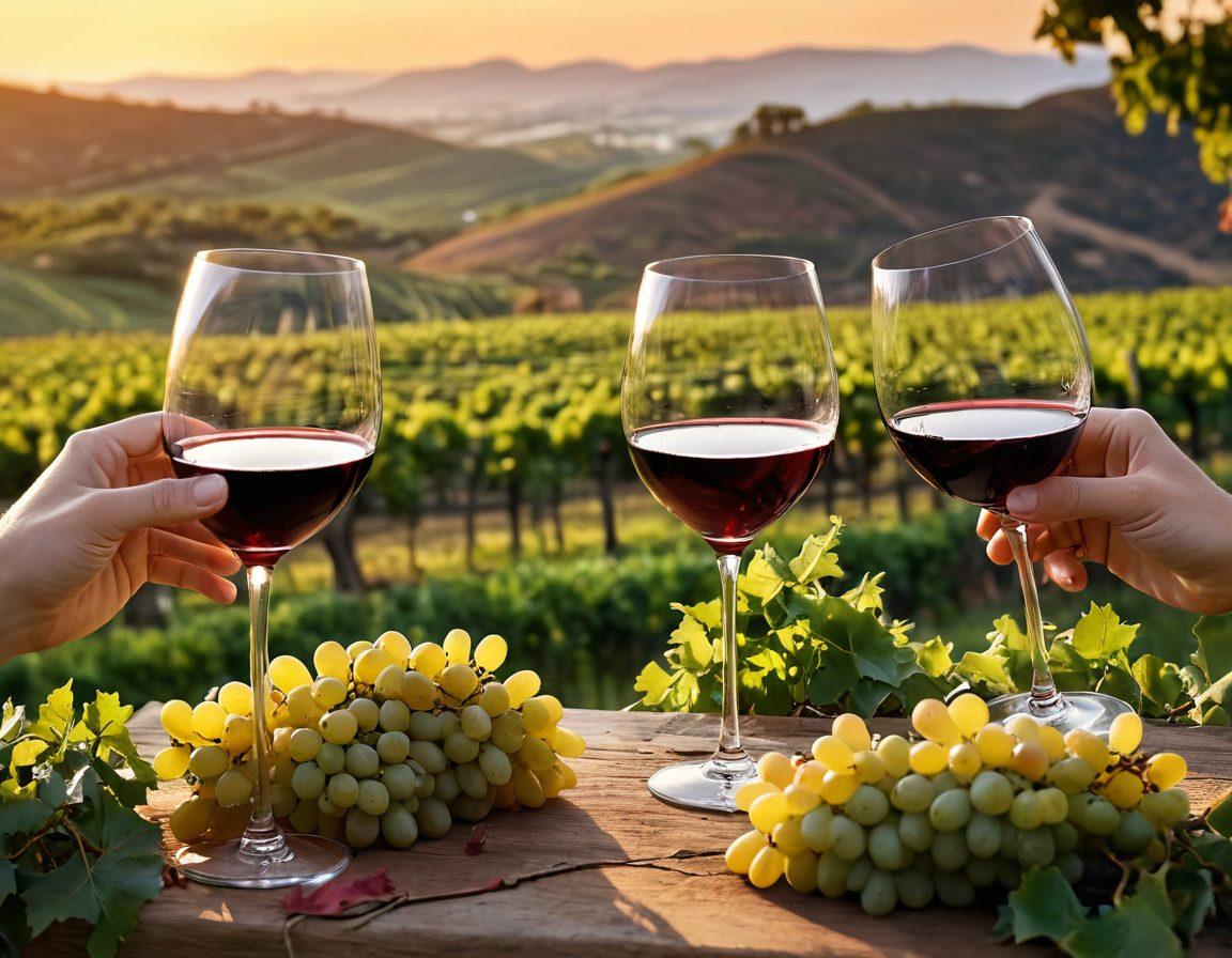 A vibrant vineyard at sunset, with golden grapes hanging from lush green vines. In the foreground, a stylish glass of red wine captures the light, reflecting hues of ruby and garnet. A joyful group of friends toasting with wine glasses, their laughter and happiness palpable, surrounded by rolling hills and a warm glow. Artistic depiction with a warm palette and soft focus. super-realistic. vibrant colors. warm lighting.