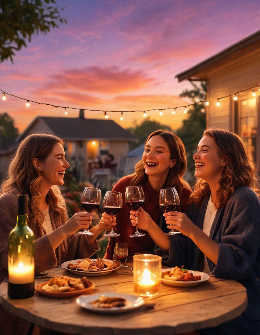 A cozy outdoor gathering with friends raising their wine glasses, laughing and enjoying themselves. The background features string lights and a sunset sky, while a vintage projector shows playful videos on a nearby wall. Captured moments of joy, warmth, and connection radiate through the scene. vibrant colors. super-realistic. festive atmosphere.